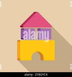 Illustration mit einem farbenfrohen Spielzeughaus aus geometrischen Formen, das einen langen Schatten über einem hellbraunen Hintergrund wirft Stock Vektor