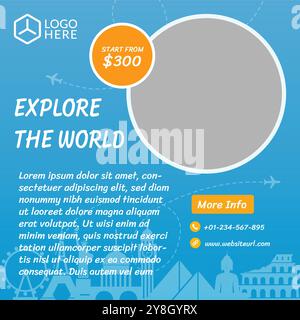 Post-Template-Design für soziale Medien für Geschäftsagenturen auf Reisen. Set aus Webbanner, Flyer oder Poster für Reisebüros. Vorlage für digitale Werbebanner Stock Vektor