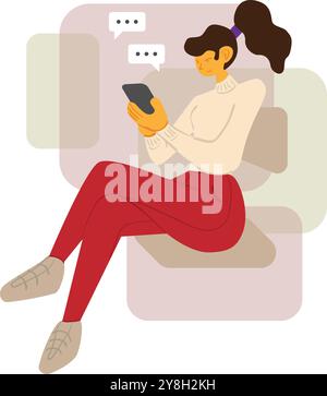 Eine Frau, die allein sitzt. Eine Vektor-Illustration einer hübschen Frau, die auf einer Bank schreibt. Stock Vektor