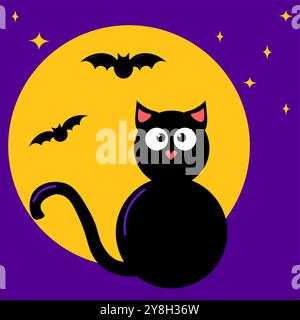 Niedlich und gruselig Halloween Black Cat Vector Vollmond und Fledermäuse. Ideal für Karten und Einladungen Stock Vektor