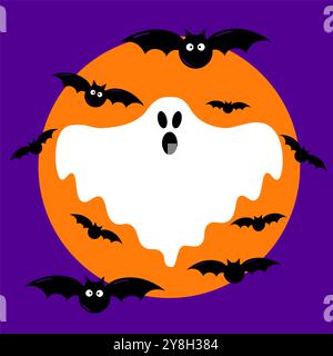 Mitternacht Halloween Himmel mit fliegenden Fledermäusen und Mond, und gruselige Geister Urlaub Cartoon Vektor Hintergrund. Fröhliche Halloween-, Trick-or-Treat-Party-Feier Stock Vektor
