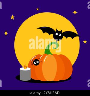 Halloween Illustration mit Kürbis, Vollmond, Fledermaus, Spinne, Kerzenkomposition und Happy halloween Typografie. Vektorabbildung Stock Vektor