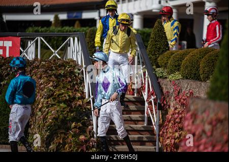 Newmarket, Großbritannien. Oktober 2024. Jockeys, die vor dem Rennen in den Paradering kamen. Der Virgin Bet Sun Chariot Day ist ein Pferderennen, das auf den Newmarket Racecourses stattfindet. Quelle: SOPA Images Limited/Alamy Live News Stockfoto