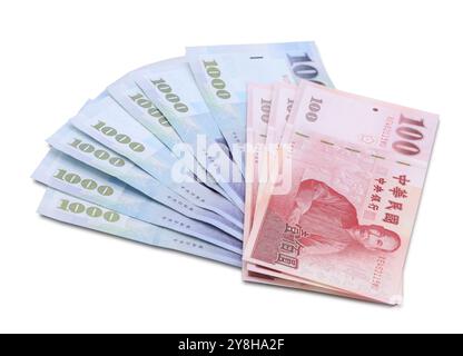 Taiwan-Dollar-Banknoten isoliert auf weißem Hintergrund Stockfoto