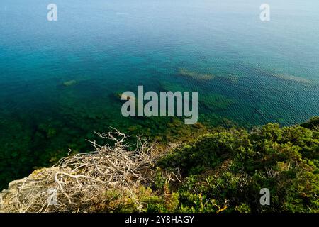 Die Klippen der Landzunge von Capo Mannu auf der Sinis-Halbinsel, Provinz Oristano, Sardinien, Italien Stockfoto