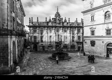 Der Praterias-Platz mit dem Brunnen der Pferde, neben der berühmten Kathedrale Santiago de Compostela in Galicien, Spanien Stockfoto