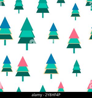 Dieses Bild zeigt ein nahtloses Muster stilisierter Weihnachtsbäume in verschiedenen Farben auf weißem Hintergrund, das ein festliches Konzept darstellt. Vektor Stock Vektor