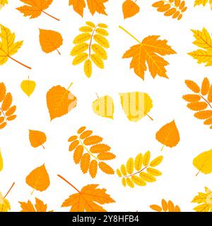 Ein nahtloses Muster mit verschiedenen Herbstblättern in Orange- und Gelbtönen auf weißem Hintergrund. Vektorabbildung Stock Vektor