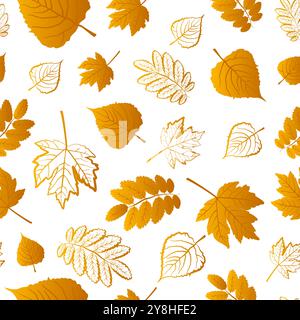 Ein nahtloses Muster mit verschiedenen Herbstblättern in Gelb- und Goldtönen auf einem sauberen weißen Hintergrund. Vektorabbildung Stock Vektor