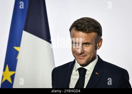 Paris, Frankreich. Oktober 2024. Der französische Präsident Emmanuel Macron spricht während einer Pressekonferenz am Ende des XIX. Francophonie-Gipfels am 5. Oktober 2024 im Grand Palais in Paris. Foto: Firas Abdullah/ABACAPRESS. COM Credit: Abaca Press/Alamy Live News Stockfoto