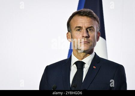 Paris, Frankreich. Oktober 2024. Der französische Präsident Emmanuel Macron spricht während einer Pressekonferenz am Ende des XIX. Francophonie-Gipfels am 5. Oktober 2024 im Grand Palais in Paris. Foto: Firas Abdullah/ABACAPRESS. COM Credit: Abaca Press/Alamy Live News Stockfoto