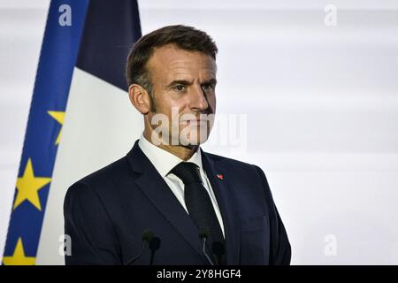 Paris, Frankreich. Oktober 2024. Der französische Präsident Emmanuel Macron spricht während einer Pressekonferenz am Ende des XIX. Francophonie-Gipfels am 5. Oktober 2024 im Grand Palais in Paris. Foto: Firas Abdullah/ABACAPRESS. COM Credit: Abaca Press/Alamy Live News Stockfoto