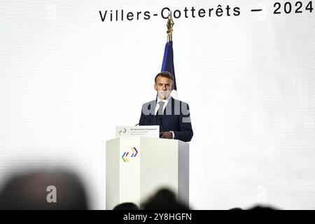 Paris, Frankreich. Oktober 2024. Der französische Präsident Emmanuel Macron spricht während einer Pressekonferenz am Ende des XIX. Francophonie-Gipfels am 5. Oktober 2024 im Grand Palais in Paris. Foto: Firas Abdullah/ABACAPRESS. COM Credit: Abaca Press/Alamy Live News Stockfoto