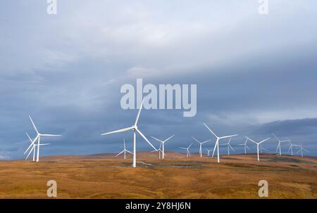Aus der Vogelperspektive von Windturbinen in der Nähe von Altnaharra in Sutherland, Scottish Highlands, Schottland, Großbritannien Stockfoto