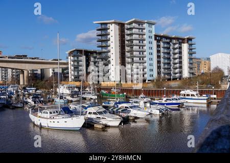 Anlegeboote im Yachthafen mit Apartments dahinter, Cardiff Bay, Wales, Großbritannien Stockfoto