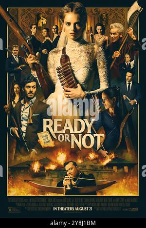 Ready Or Not (2019) unter der Regie von Matt Bettinelli-Olpin und Tyler Gillett mit Samara Weaving, Adam Brody und Mark O’Brien. Die Hochzeitsnacht einer Braut nimmt eine finstere Wende, als ihre exzentrischen neuen Schwiegereltern sie zwingen, an einem schrecklichen Versteckspiel teilzunehmen. US-Poster mit einem Blatt ***NUR FÜR REDAKTIONELLE ZWECKE***. Quelle: BFA / Fox Searchlight Pictures Stockfoto