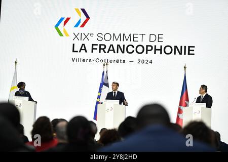 Paris, Frankreich. Oktober 2024. Der französische Präsident Emmanuel Macron spricht während einer Pressekonferenz am Ende des XIX. Francophonie-Gipfels am 5. Oktober 2024 im Grand Palais in Paris. Foto: Firas Abdullah/ABACAPRESS. COM Credit: Abaca Press/Alamy Live News Stockfoto