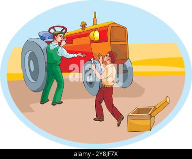 Isometrisches Konzept für landwirtschaftliche Fahrzeuge mit Traktoren und Lkw-Ersatzteilen und Arbeitsgerätefeldern isolierte Abbildung Stock Vektor