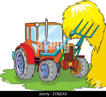 Ein handgezeichneter Traktor, isoliert auf weiß. Schwere landwirtschaftliche Maschinen für Feldarbeiten. Seitenansicht des modernen Traktors Stock Vektor