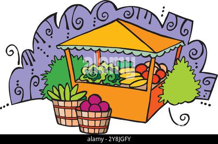 Lokaler Obst- und Gemüsemarkt. Glücklicher Landwirt. Illustration der Vektorabwicklung Stock Vektor
