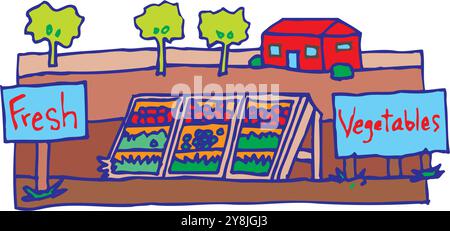 Lokaler Obst- und Gemüsemarkt. Glücklicher Landwirt. Illustration der Vektorabwicklung Stock Vektor