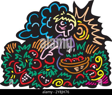 Zeichentrickfiguren des Bauern, der Erdbeeren-Vektor-Design-Illustration pflückt Stock Vektor