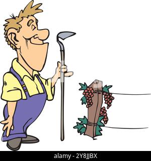 Landing-Page-Design-Vorlage für Weintrauben mit glücklichem Senior-Landwirt, der auf der Plantage erntet Stock Vektor