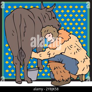 Zeichentrickfiguren des Landwirts, der Kuh melkt Vektor-Design-Illustration Stock Vektor