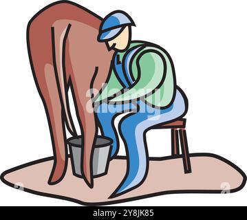 Zeichentrickfiguren des Landwirts, der Kuh melkt Vektor-Design-Illustration Stock Vektor