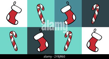 Nahtloses Muster in blauen Farben mit alternierenden Weihnachtsstrümpfen und Bonbons, perfekt für Weihnachtsmotive, Doodle-Stil Stock Vektor