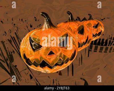 Halloween Jack o Laterne oder orange und schwarze Kürbisse, 3 hintereinander mit abstraktem braunem/schwarzem Hintergrund, Blick geradeaus mit geschnitzten Mündern und Augen. Stockfoto