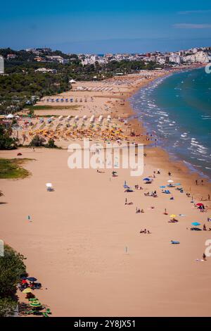 Vieste in Apulien, der lange Strand und der Monolith Pizzomunno. Stockfoto