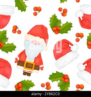 Nahtloses Muster mit Weihnachtszwergen, mit roten warmen Hüten, mit stechpalmenblättern und roten Beeren, digitale Aquarellillustration für Druck und Web Stockfoto