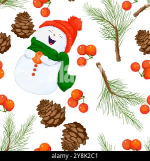 Nahtloses Muster mit Weihnachtsschneemännern, Tannenzapfen, Tannenzweigen und Preiselbeeren, digitale Aquarellillustration für Druck und Web Stockfoto