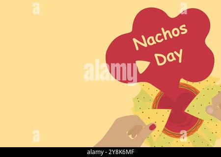 Frauen- und Mannhände Dippen Nachos in Sauce. Nachos Day Bannervorlage mit Beschriftung und Kopierbereich. Isolierte Vektor-Illustration Thematische Karten, Grußkarten, Poster, soziale Medien, Web-Promos oder Print Stock Vektor