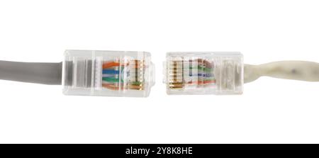 Graues und weißes Netzwerkkabel mit angespritztem RJ45-Stecker, isoliert auf weißem Hintergrund. Stockfoto