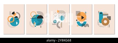 Abstrakte moderne Memphis-Plakate. Mit grafischen geometrischen Formen und Elementen versprühen Sie Kreativität und dynamische Energie im trendigen Stil der 80er Jahre. Vektorkarten oder Cover-Vorlagen mit Pastellfarben und Mustern Stock Vektor
