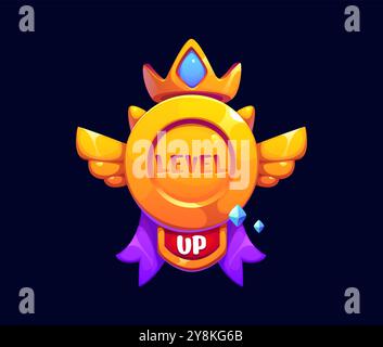 Level-Up-Spielbelohnung, Bewertungssymbol mit goldenem Emblem mit Flügeln und einer Edelsteinkrone. Cartoon Vektor-Abzeichen für Erfolge und Erfolg des Spiels. Popup-Fortschrittsanzeige in Gaming-Anwendungen Stock Vektor