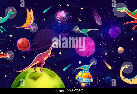 Cartoon-Dinosaurier-Astronauten im Weltraum oder lustige prähistorische Eidechsen-Raumfahrer, Vektorfiguren. Jurassische Galaxie Fantasy mit Dinosauriern in Astronautenhelmen auf Alien UFO und Planeten am Weltraumhimmel Stock Vektor