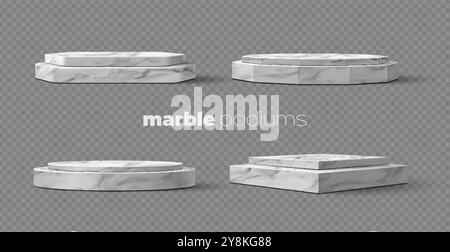 3D realistische Marmorpodiumständer. Sockel aus weißem marmoriertem Stein, isolierte Plattformen oder Displays. Geometrische Grundlagen für Museum, Ausstellung. Galeriestufen für Preisverleihung oder Produktpräsentation Stock Vektor