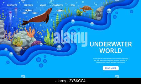 Landing Page Template mit Unterwasserlandschaft und Wellen aus Papier, die einladen, die lebendige Unterwasserwelt mit Robben, Quallen, Fischschwärmen und Schildkröten zu erkunden. Vektorwebbanner mit Meerestieren und Flora Stock Vektor