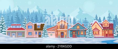 Schneebedeckte Winter Stadtlandschaft mit Häusern und Schnee auf Dach für Winterurlaub, Zeichentrickfilm Vektor Hintergrund. Weihnachtsfassaden oder Hausaussenfassaden mit Kranzdekor an der Tür und Tannen im Schnee Stock Vektor