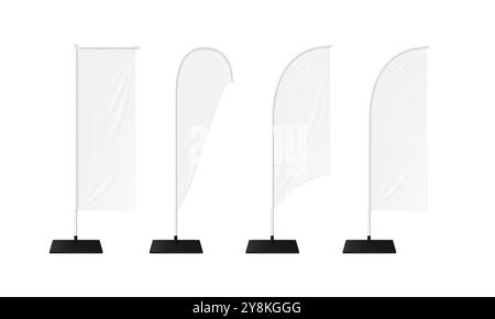 Realistisches Flaggenbanner steht für Werbe- und Werbeveranstaltungen. Rechteckige 3D-Vektor-, Feder- und tropfenförmige Schilder für Innen- und Außeneinsatz, Markensichtbarkeit und Marketingaktionen Stock Vektor