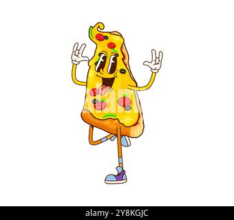 Cartoon Fast Food Pizza Slice groovige Figur. Fast Food Café oder Take-away Restaurant Mahlzeit oder Straßenmenü Snack lustige isolierte Vektor-Persönlichkeit. Das Fast Food Café Pizzablättchen ist ein fröhlicher, grooviger Charakter Stock Vektor
