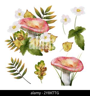 Herbstset aus weißem Pilz, Eichen- und Birkenblättern und weißen Blumenanemonen. Aquarellabbildung auf weißem Hintergrund. Stockfoto