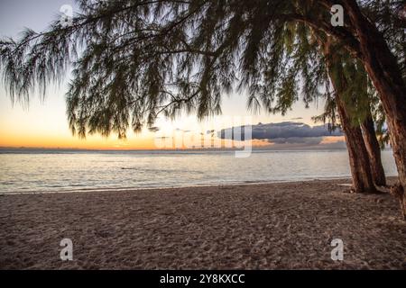 Sonnenuntergang am Strand auf Mauritius. Diese wunderschönen Sonnenuntergänge an solchen Traumstränden finden Sie nur hier Stockfoto