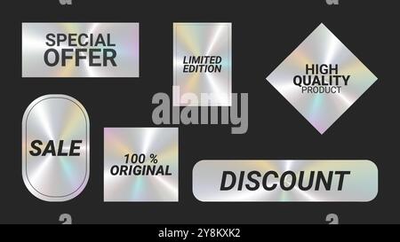 Holografische Aufkleber Logos Emblem Etiketten Farbset. Geometrische Formen. Zur Verpackung von Werbematerial. Aufkleber für Kleidung oder Accessoires. Vektorabbildung. Stock Vektor