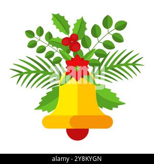 Weihnachtsgirlande mit Glocken und Pflanzenzweigen, Blumen und Beeren. Stock Vektor