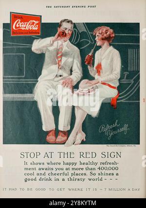 „Halt am Roten Schild“, Coca-Cola-Werbung. Werbung im Vintage American Magazine. 1926 von der Saturday Evening Post Stockfoto