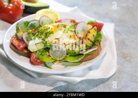 Offenes Sandwich mit gegrillter Avocado, Spiegelei, Tomaten, Radieschen und Kräutergarnitur, serviert auf einem weißen Teller, köstliche Mahlzeit zum Frühstück, Mittagessen oder Suppe Stockfoto